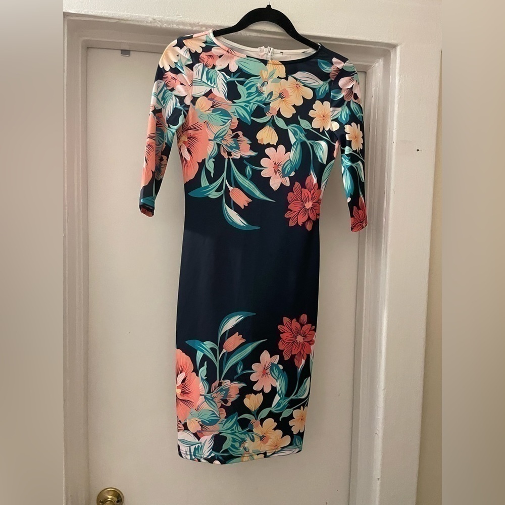 Navy blue floral 3/4 sleeve pencil midi‎ dress size small